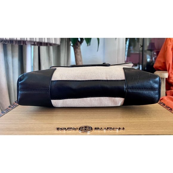 TORY BURCH AUTHENTIC VINTAGE CANVAS AND BLACK (DARK BLUE?) HANDBAG - Picture 10 of 15